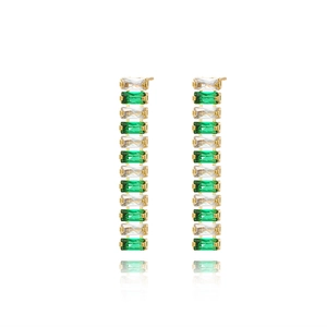 Elegant gold drop earrings with alternating rectangular emerald green and clear zircon stones