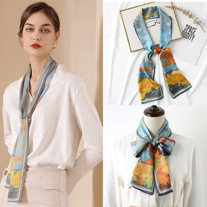 Women Skinny Scarf Satin Like Neck Tie Handbag Ribbon Headband Fashion Impressionist Print Twilly Neckwear