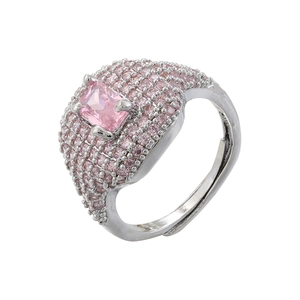 Macro detail of square pink gemstone ring with micro-paved rhinestones and adjustable band