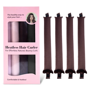 Detail view of four dark brown satin heatless hair curlers in a pink packaging box