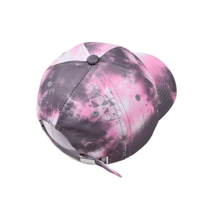 Detail of pink and grey tie-dye baseball cap with metal buckle and marble texture