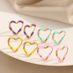 Vacation Style Colorful Enamel Heart Hoop Earrings Titanium Steel Gold Plated Minimalist Sweet Love Heart Earrings Jewelry