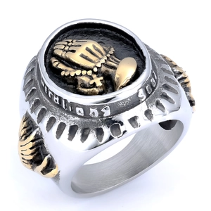 Vintage punk style silver stainless steel ring with golden praying hands and cross