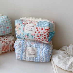 Assorted quilted cotton floral cosmetic bags with vintage grid and polka dot patterns