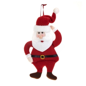 Handmade Santa Claus plush ornament with red and white felt texture and hanging string