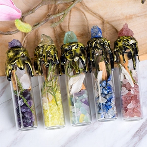 Set of 5 wishing bottles with natural crystals, dried plants and wax seals on wood