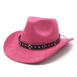 Close-up of rose pink suede cowboy hat featuring turquoise beads and silver rivets