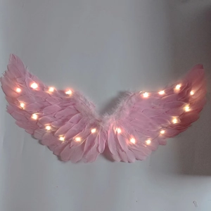 Dettaglio di ali d'angelo in piume rosa con stringhe luminose a LED per bambini