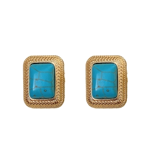 Vintage gold rectangle earrings with textured weave and turquoise stones in a classic style
