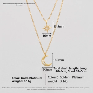 Detail view of double-layer necklace with star and moon charms and white zircon inlays