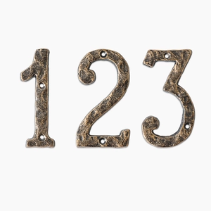 Vintage industrial cast iron house numbers 1, 2, and 3 with hammered bronze texture