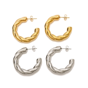 Chic 18K gold and silver plated stainless steel C-shaped twisted rope hoop earrings set