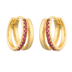 Elegant gold double hoop earrings with sparkling red round crystals on white background
