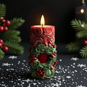 Candela natalizia 3D intagliata con rose rosse, foglie di agrifoglio e bacche rosse