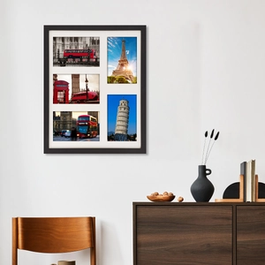 Modern black 5-opening photo frame wall decor with white mat and city landscape photos