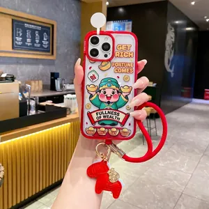 Festive Red Fortune God iPhone Case with Lanyard and Horse Charm for Lunar New Year