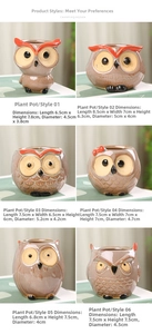 Set of six mini owl ceramic succulent pots with brown glaze and detailed feather carvings