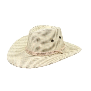 Beige woven western cowboy straw hat with ventilation holes and twisted rope decoration