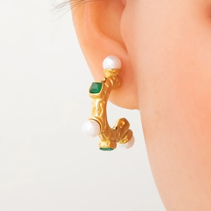 18k gold plated stainless steel hoop earrings with white pearl and green gemstone