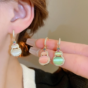 Cat eye stone gourd hoop earrings with gold plating and zircon inlay for women