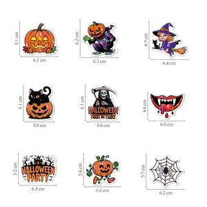 Detailed view of 3x3 laser Halloween stickers with pumpkin, witch, and cat motifs