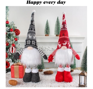 Luminous Christmas faceless gnomes with striped pants and telescopic legs in festive setting