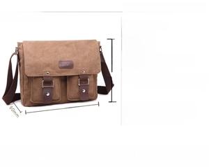 Detailed size chart for brown canvas messenger bag with dimensions and structure layout