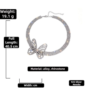 Sparkling rhinestone butterfly choker necklace with silver finish and 925 silver needle