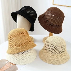 Breathable hollow-knit straw bucket hat for women available in four stylish summer colors