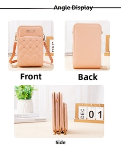 Detail of pink PU leather crossbody bag featuring triple zippers and heart quilted pattern