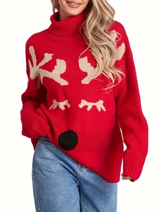 Damen-Rollkragenpullover in Rot mit Weihnachts-Rentier-Strickdesign und hellblauer Jeans