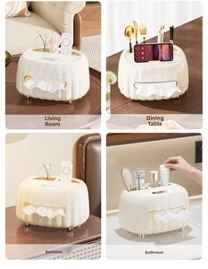 Creamy tissue box with vertical stripes and gold feet for multi-room home storage