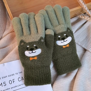 Detail of green knitted Shiba Inu gloves with embroidery on cozy autumn background