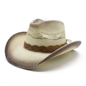 Woven straw western cowboy hat with wide brim, gradient brown finish and hollow mesh crown