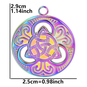 Rainbow stainless steel witch knot pendant showing dimensions 2.9cm by 2.5cm