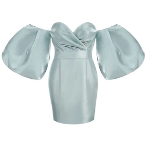 Close-up of mint green satin dress showing off-shoulder neckline and puff sleeve detail