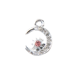 Silver crescent moon and sun charm pendant with sparkling crystals for DIY jewelry making