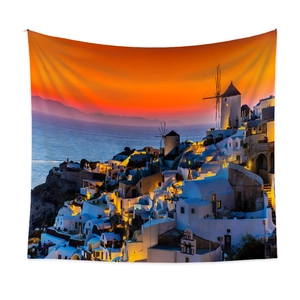 Detail of Santorini sunset wall tapestry showing blue domes, windmills and vibrant sea sky