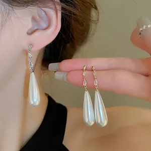 Elegant Waterdrop Faux Artificial Pearl Drop Earrings With Zircon Inlay Copper Geometric 925 Sterling Silver Earring Post For Women
