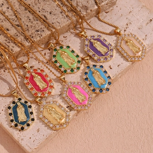 18K gold plated Virgin Mary pendant necklaces with colorful zircon and enamel