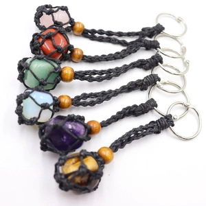 Handmade Woven Net Natural Raw Stone Keychain Healing Crystal Bag Pendant With Wood Bead Ethnic Style