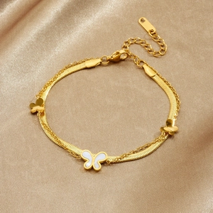 Gold-plated stainless steel double layer bracelet with white butterfly and snake chain
