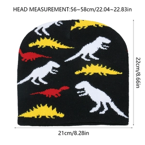 Detailed size chart for black knit beanie featuring dinosaur pattern for adults