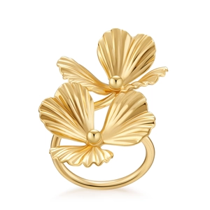 Detailed view of the 18K gold plated floral ring with textured layered ginkgo petals