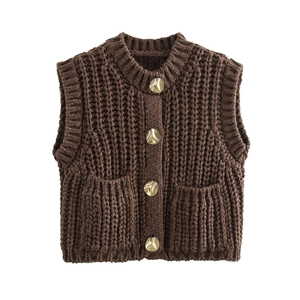 Brown chunky knit sleeveless vest with metal buttons and pockets on white background
