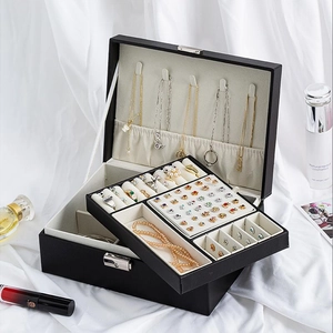 Double-layer black PU leather jewelry organizer with necklace hooks and velvet lining