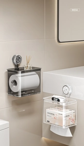 Detail of suction cup wall mount toilet paper holder with dustproof lid and top shelf