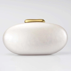 Women Acrylic Evening Clutch Bag Oval Shell Shape Artificial Pearl Texture Gold Snake Chain Wedding Party Crossbody Purse