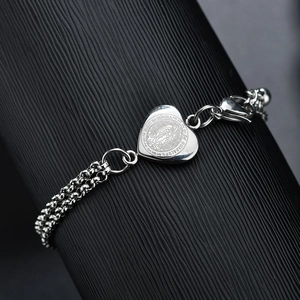 Bracelet double chaîne en acier inoxydable avec pendentif cœur Notre-Dame de Guadalupe