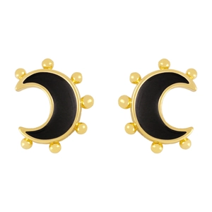 Modern 18K gold plated moon stud earrings with black enamel and beaded edge detail
